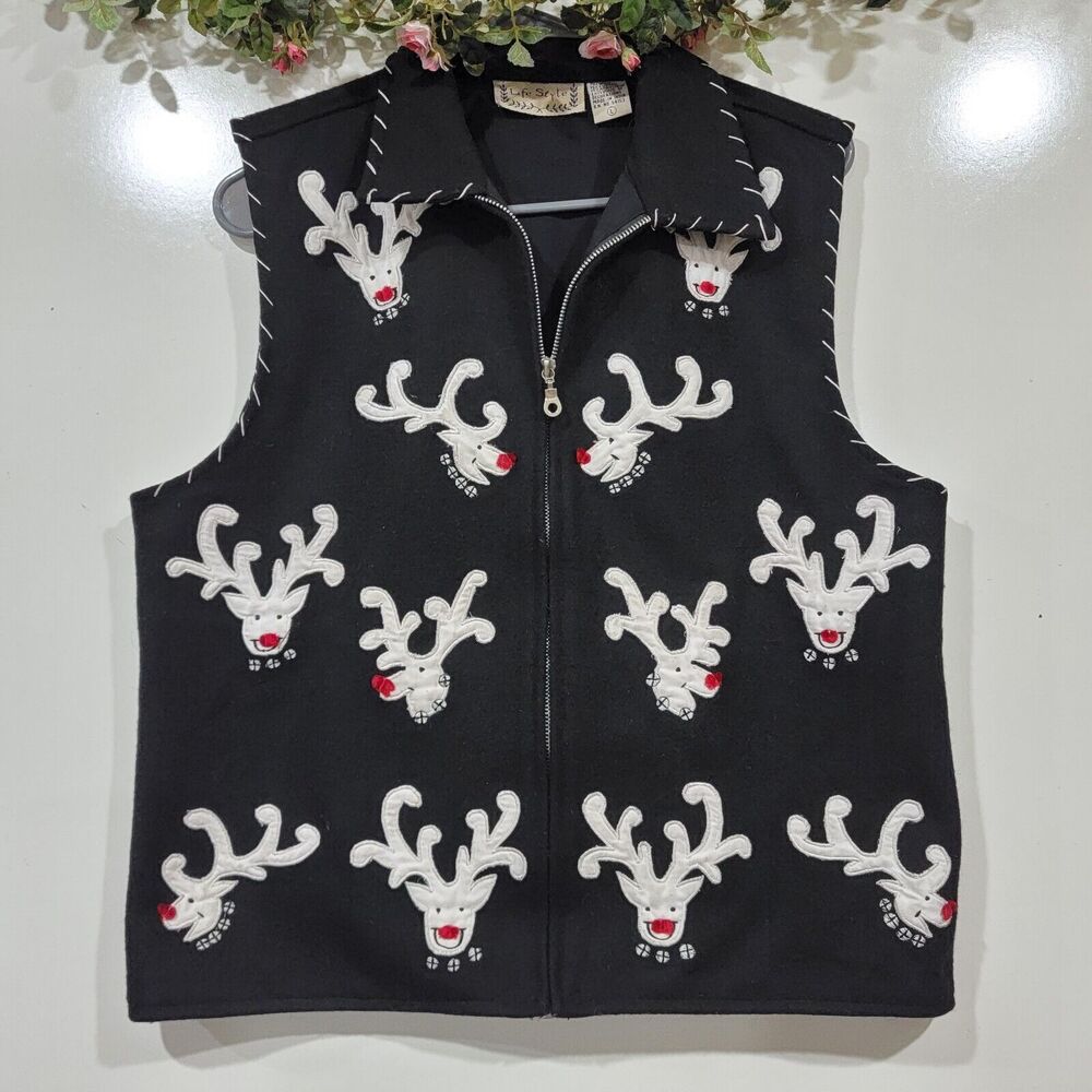Vintage Wool Large Zip Christmas Vest Rudolph Y2K 90s Embroider Applique Ugly